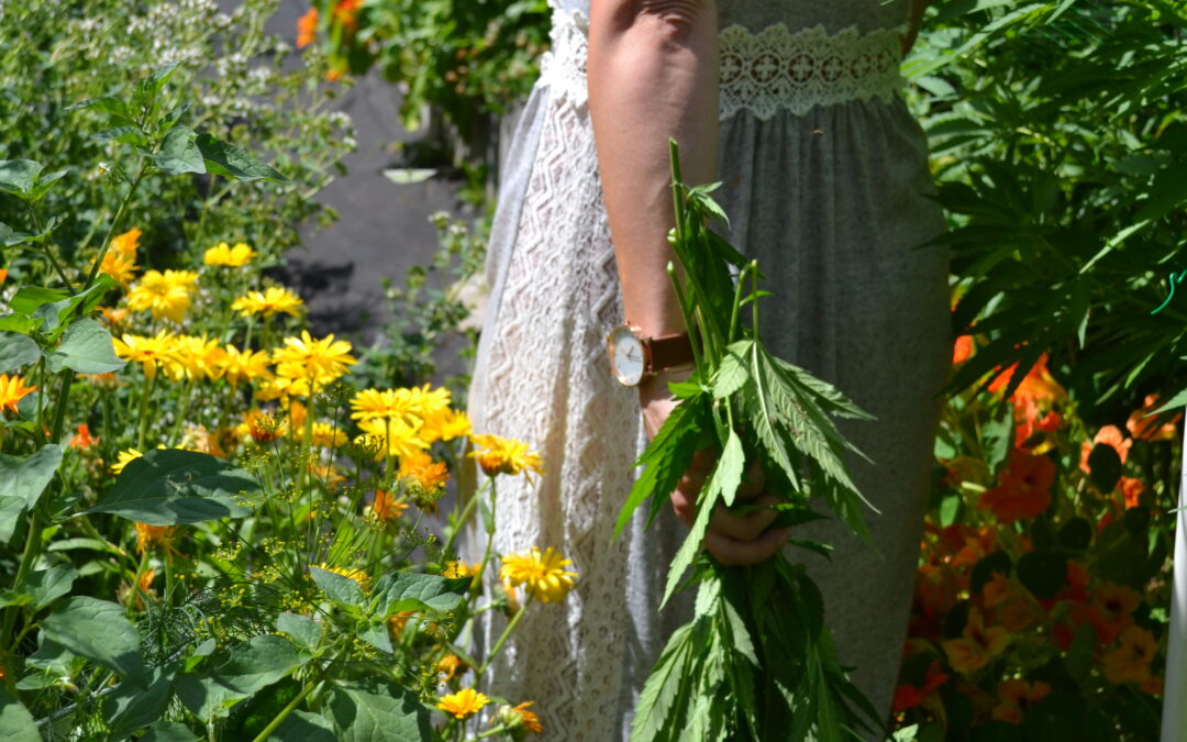 women walking through garden with cannabis branch